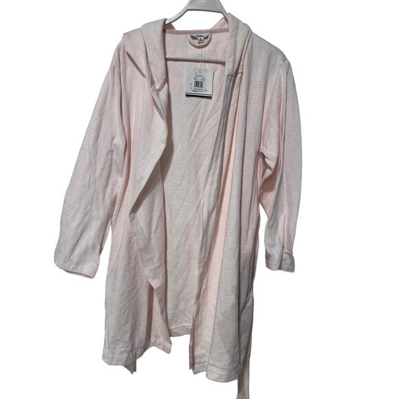 ROUDELAIN WOMENS MEDIUM COZY ROBE DOLMAN-SLEEVE HOODED SHORT PINK WHITE STRIPE - Picture 6 of 14